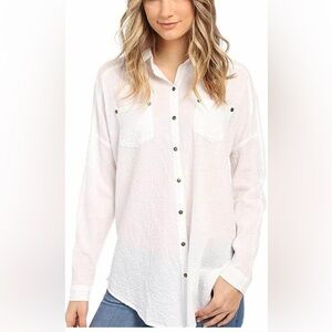 Free People White Button-Down Shirt with Black Buttons
